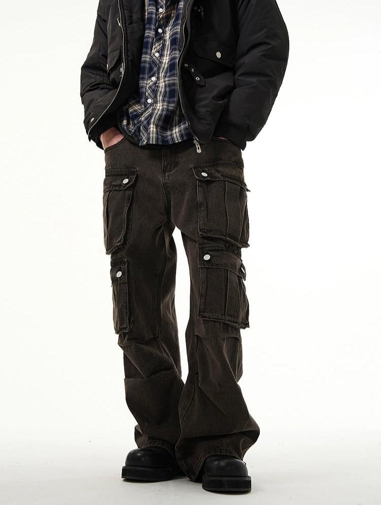 Faded Multi Pocket Wide-Leg Cargo Jeans