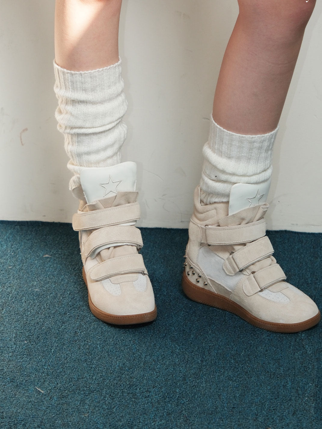 Velcro Leather Hidden-Wedge Sneakers - Skipkicks