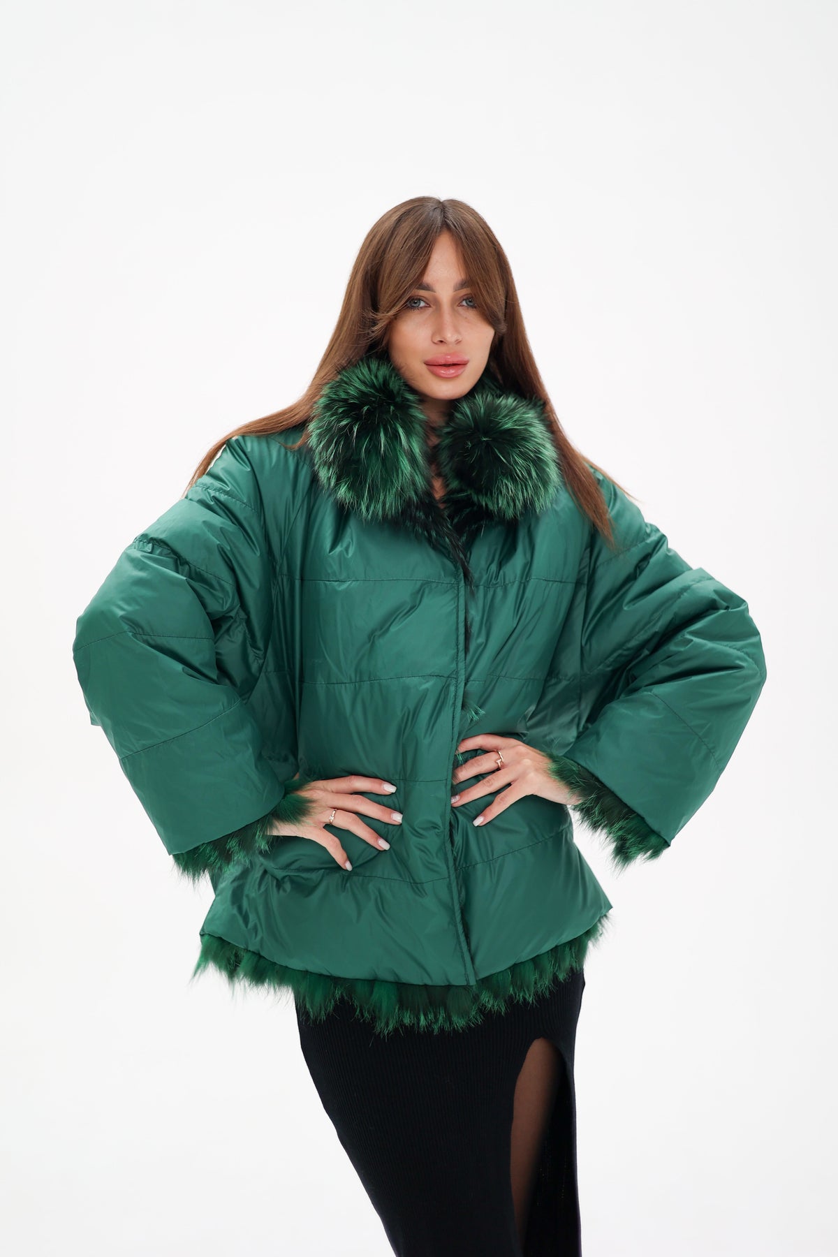 Reversible Genuine Silver Fox  Down Fill Coat in Emerald