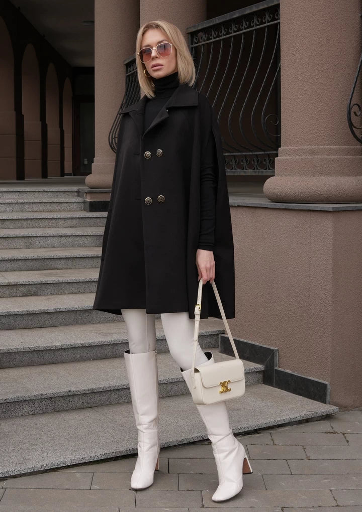 Paris Cashmere Bland Cape Coat in Black