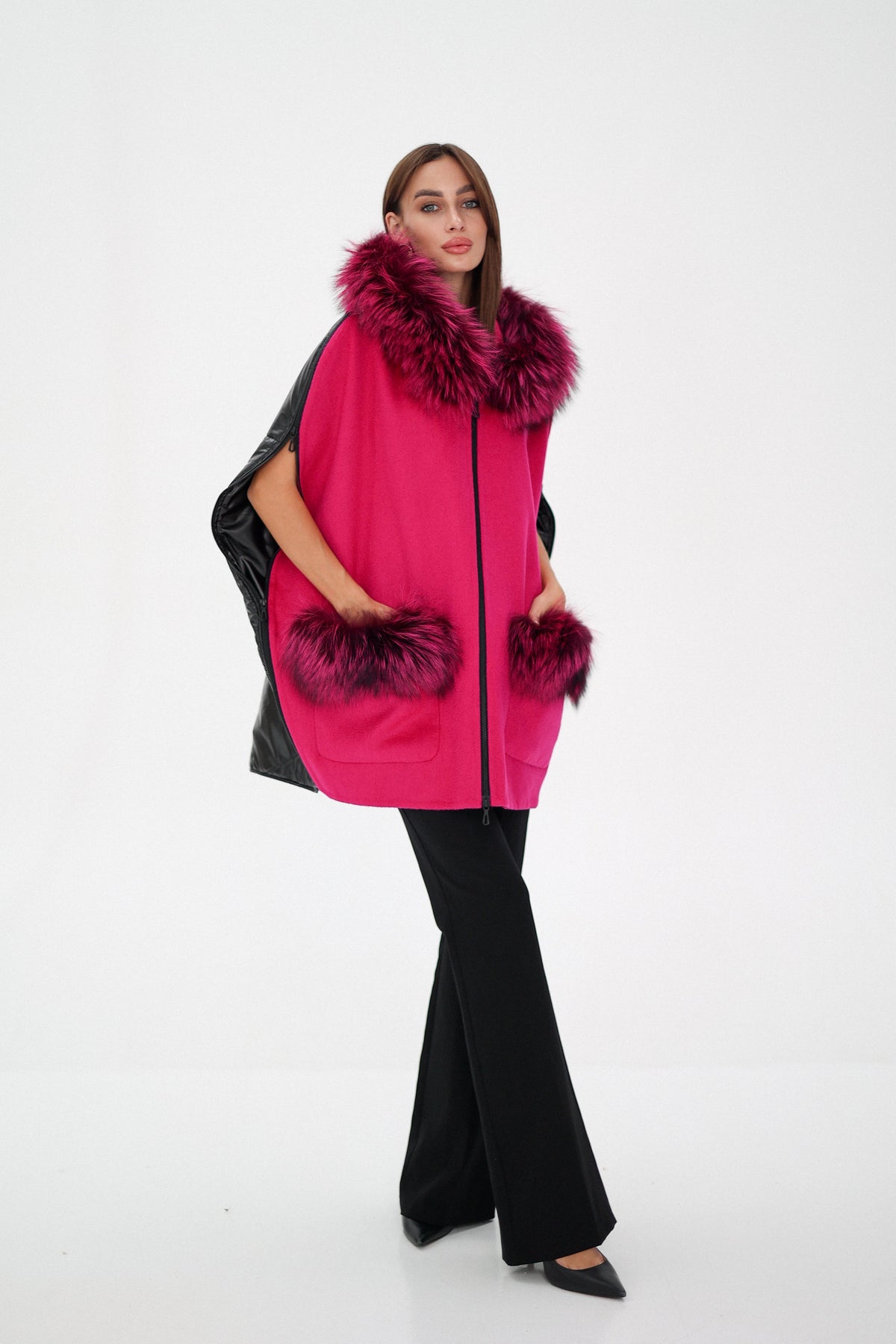 Saga®Furs Silver Fox Wool Cashmere Poncho Vest in Fuchsia