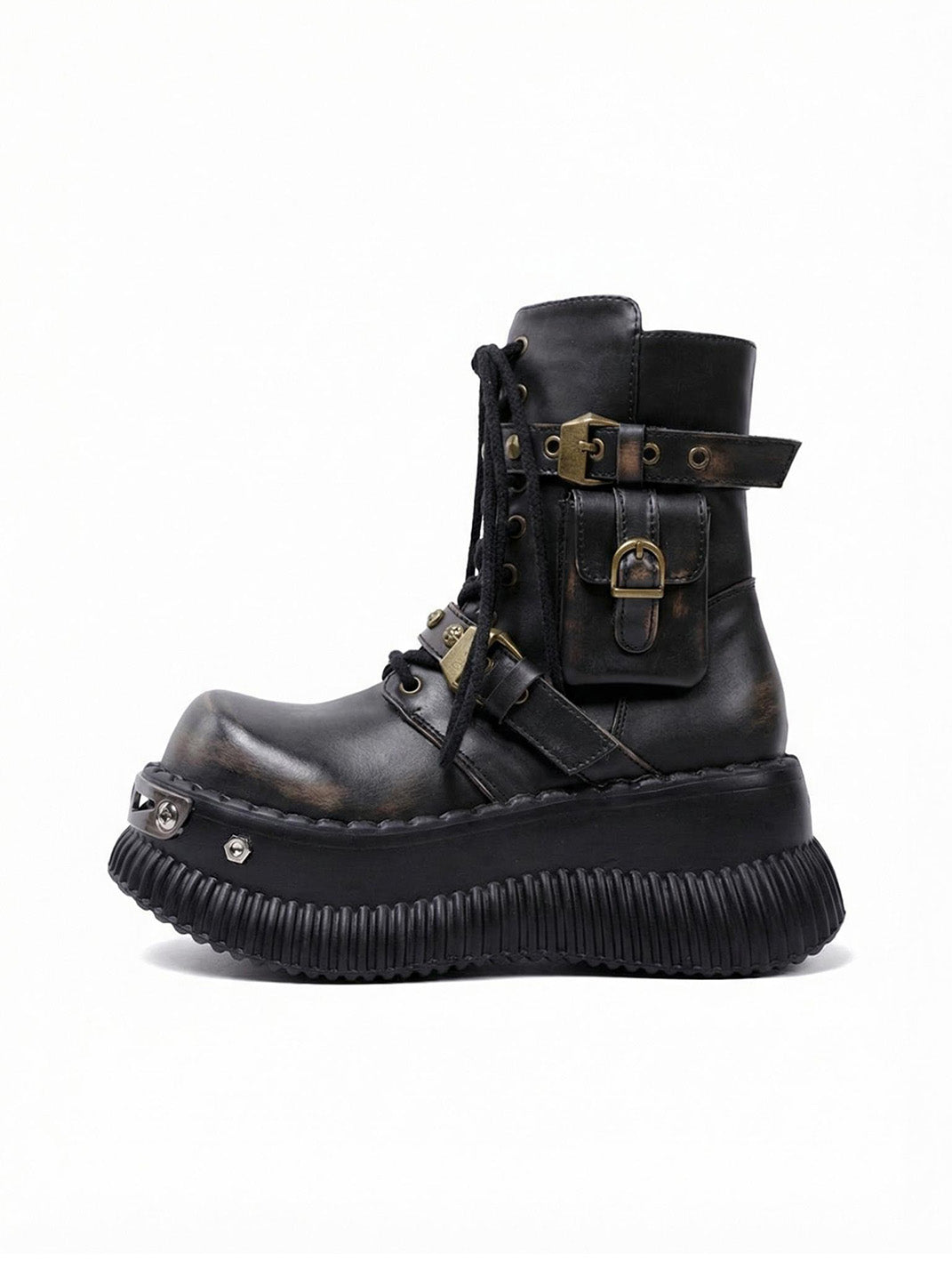 Black Metallic Punk Platform Ankle Boots with Studded Details