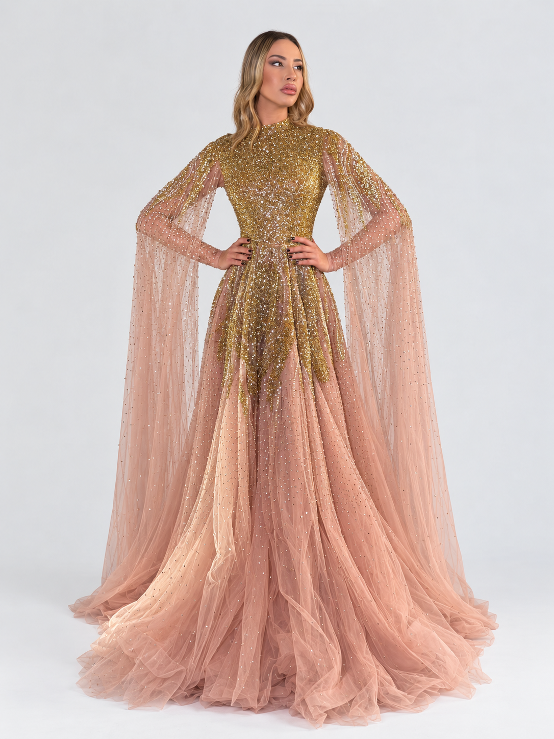 Arwa Modest Long Drape Sleeves Beaded A-line Gown