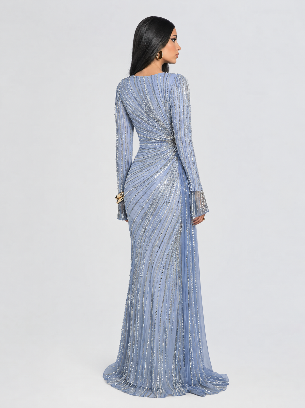 Abira Sequin Modest Neckline Long Sleeve Embellished Dress With Side Skirt