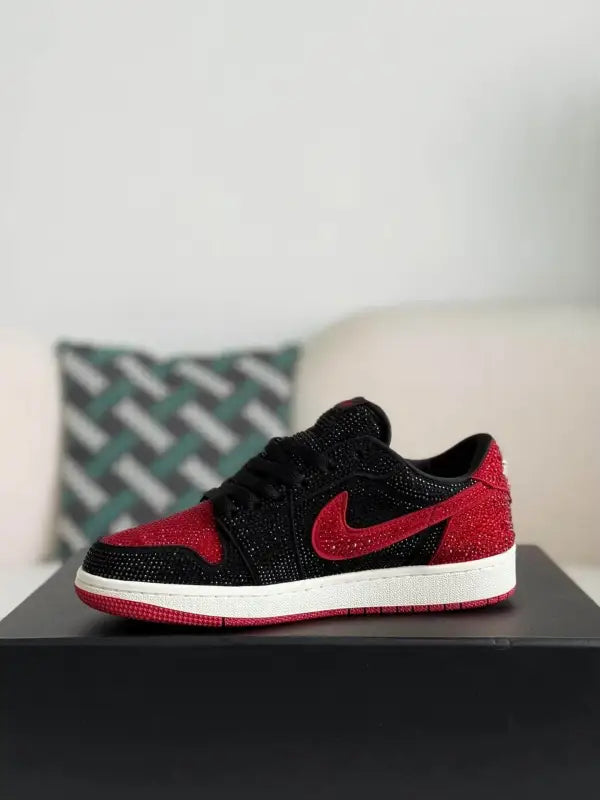 Air Jordan 1 Low – Bred Bling Black & Red: Shine in Style