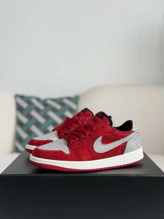 Air Jordan 1 Low “Crystal Red” Red & Silver Rhinestones