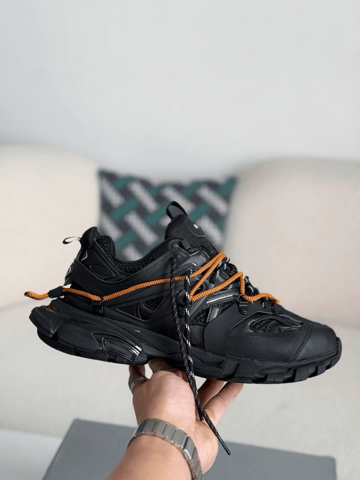Balenciaga Track Sneaker – Black & Orange Hiking Laces CUSTOM