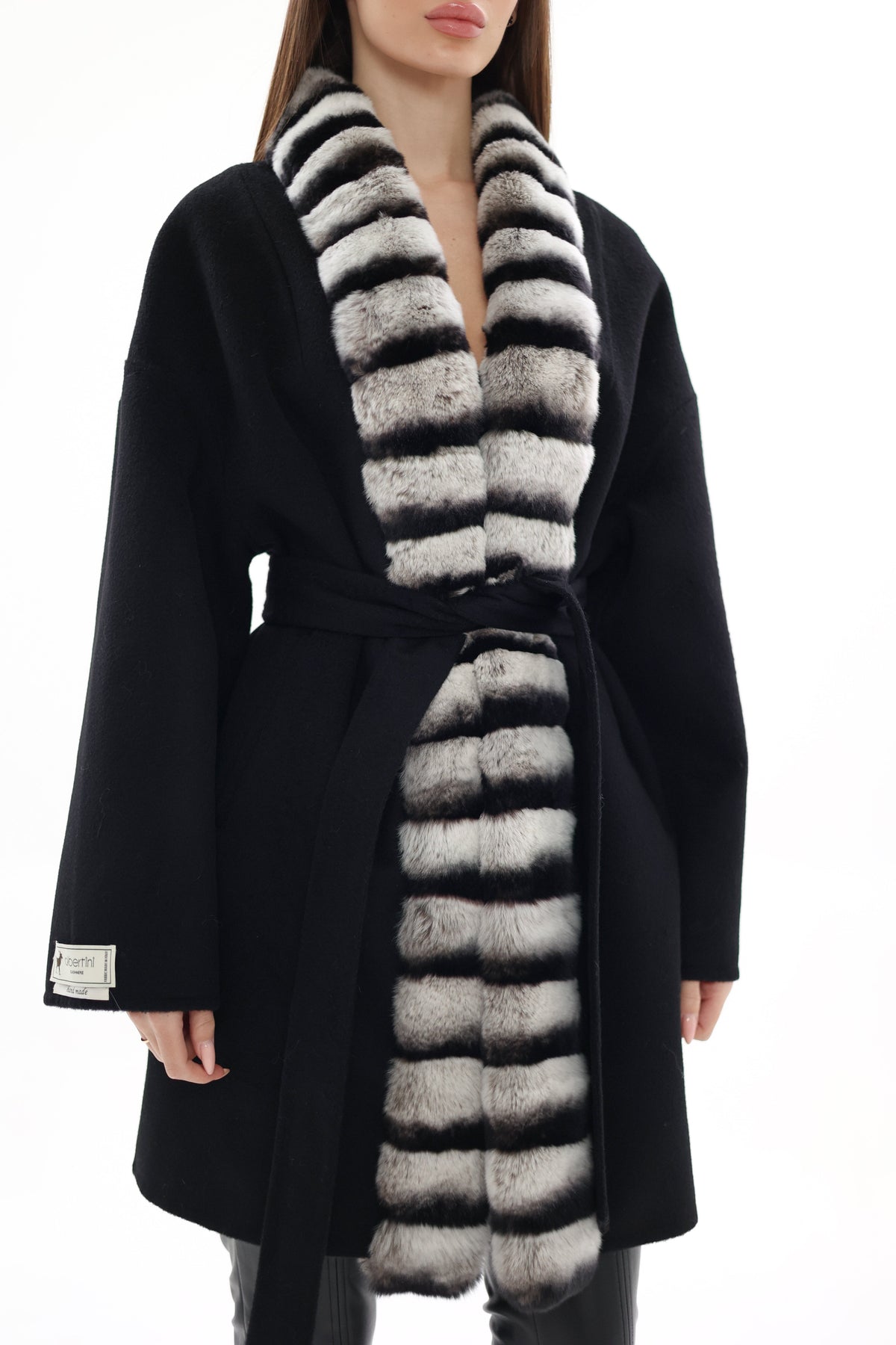 Genuine  French Orylag Fur Italian Cashmere Wool Coat 85cm
