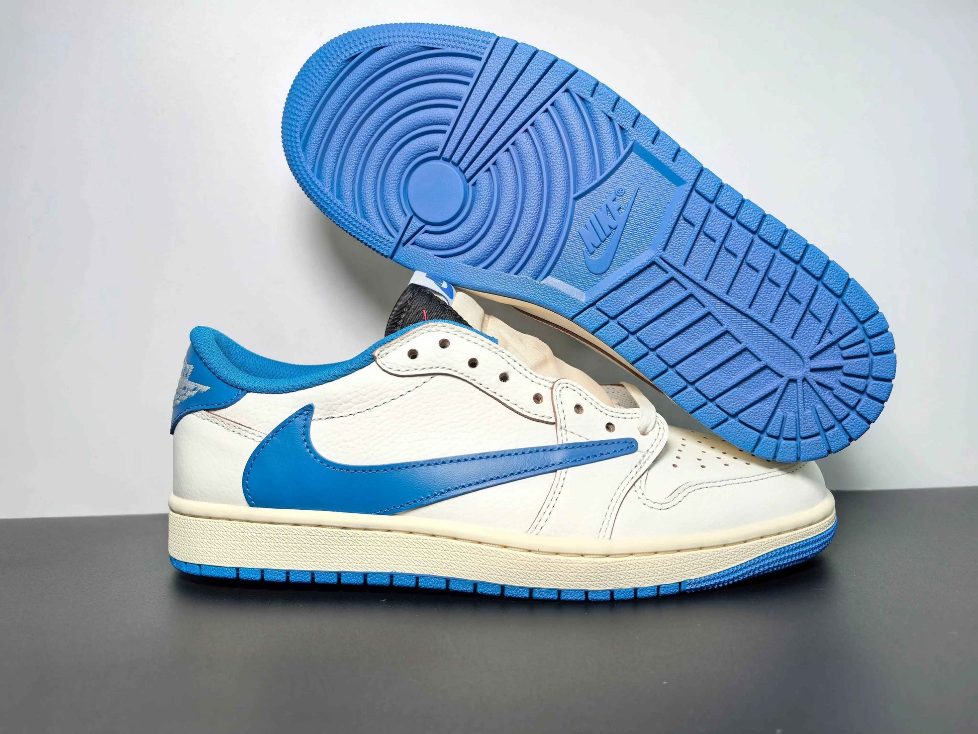 Luxuryurbanwear exclusive custom Air Jordan 1 low-top sneakers in white and blue leather