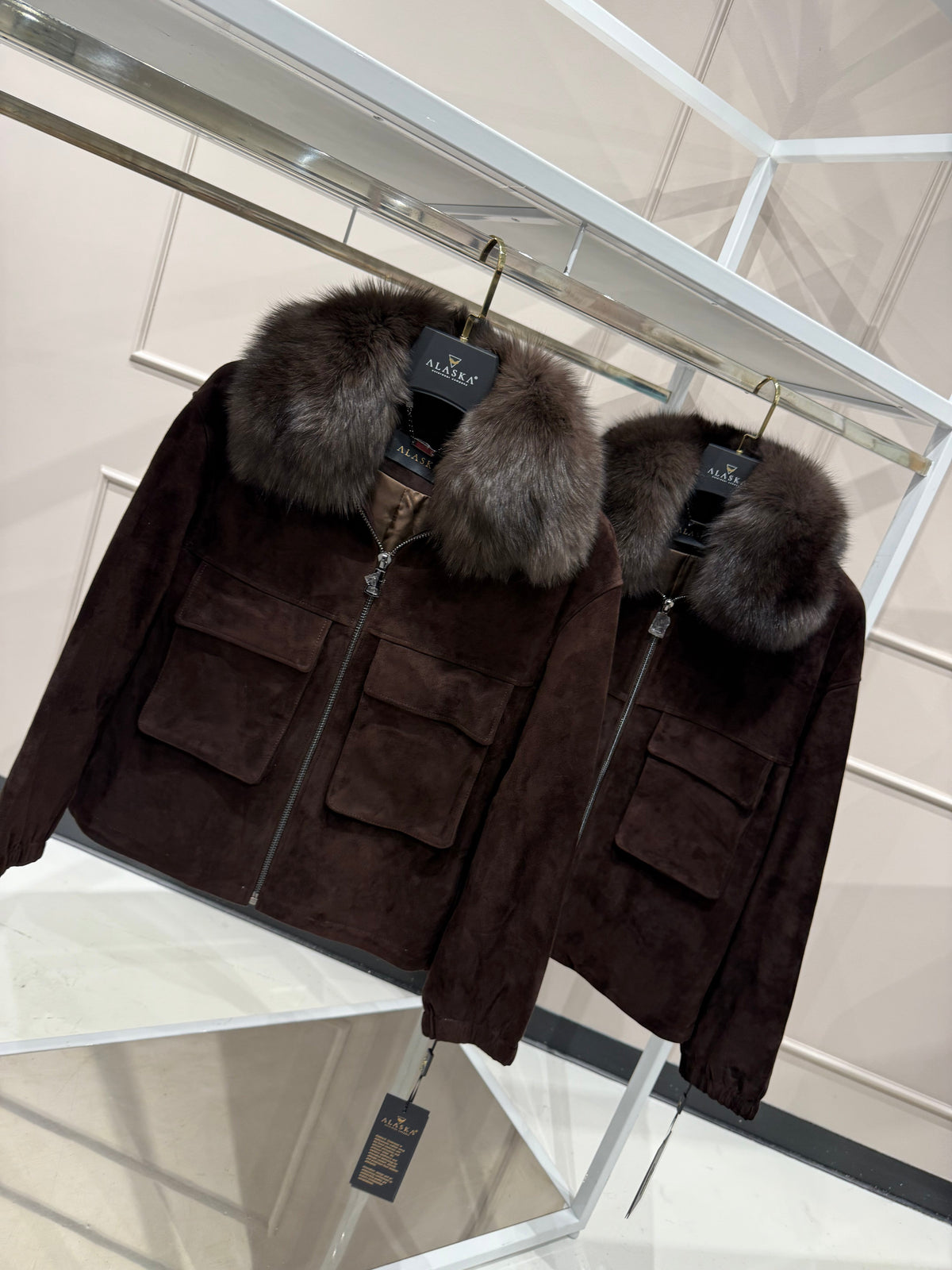 Nebraska Genuine Suede Polar Fox Trim Jacket in Cognac