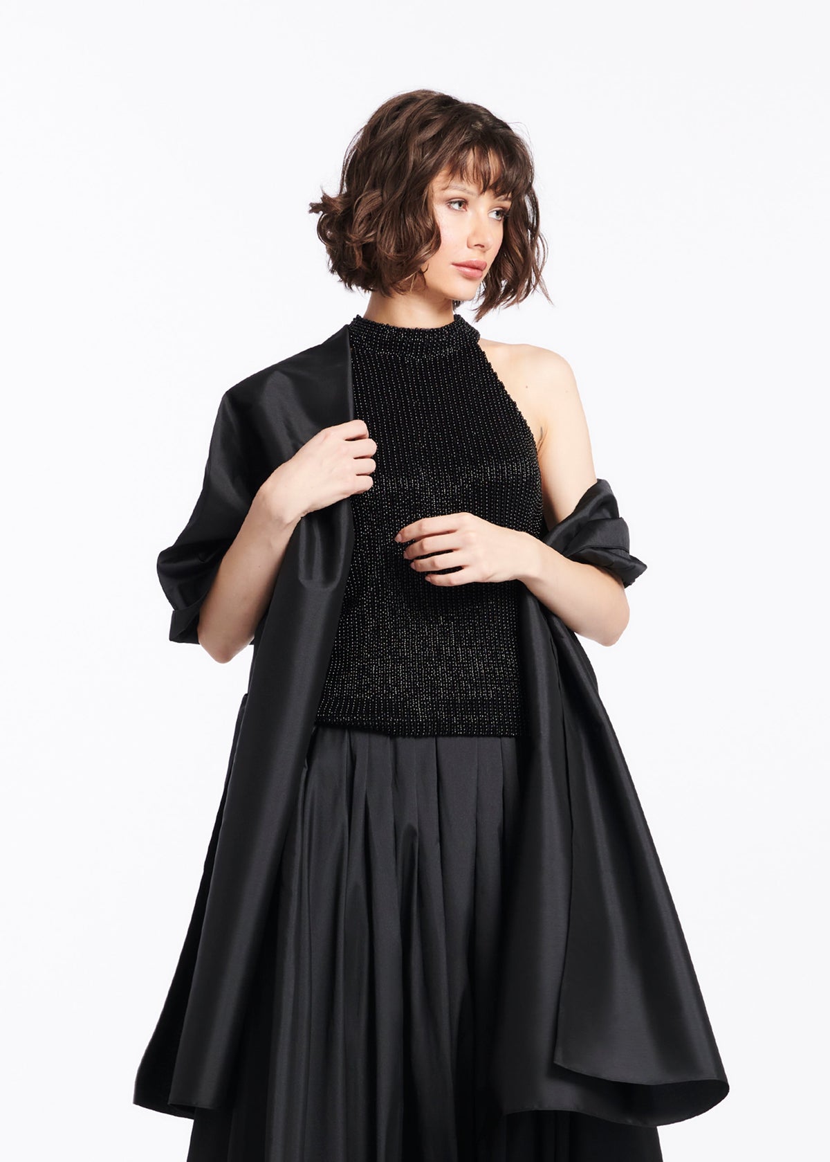 Pearl Encrusted Sleeveless Mock Neck - Black
