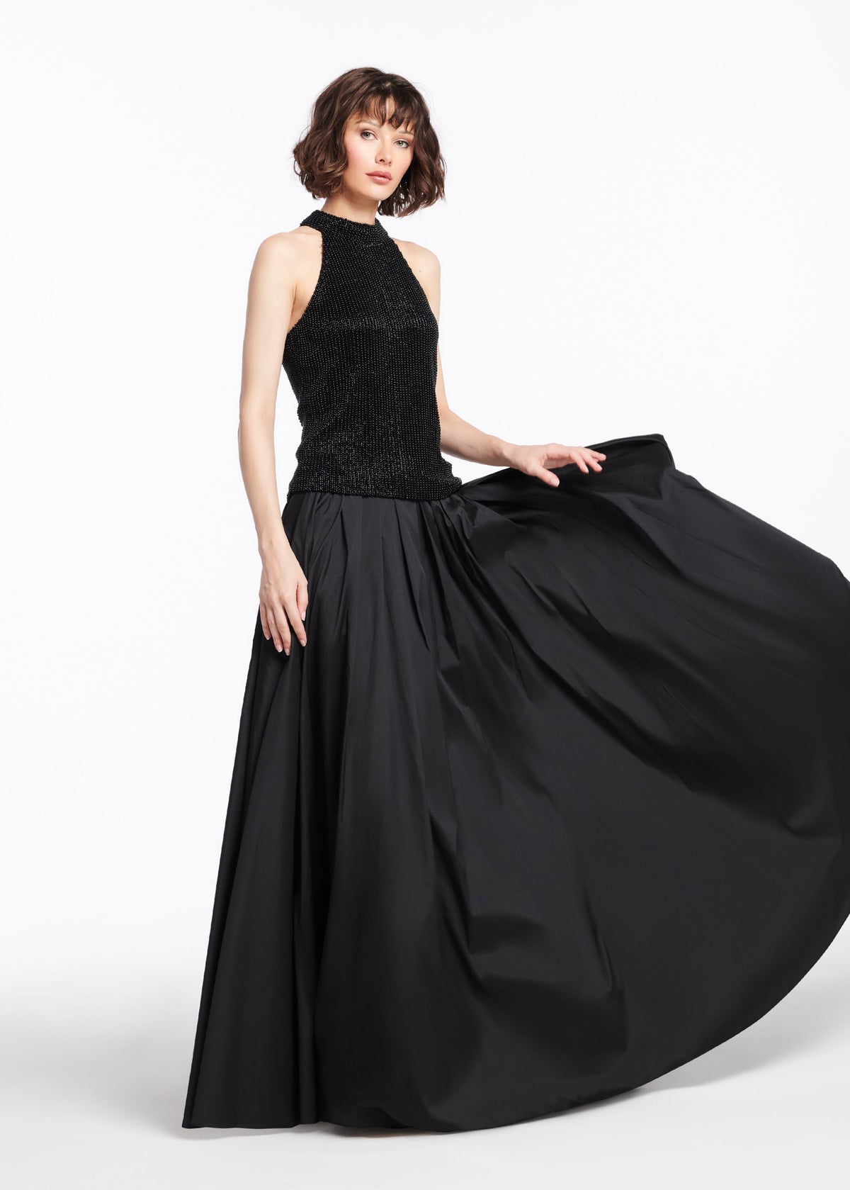 Pearl Encrusted Sleeveless Mock Neck - Black