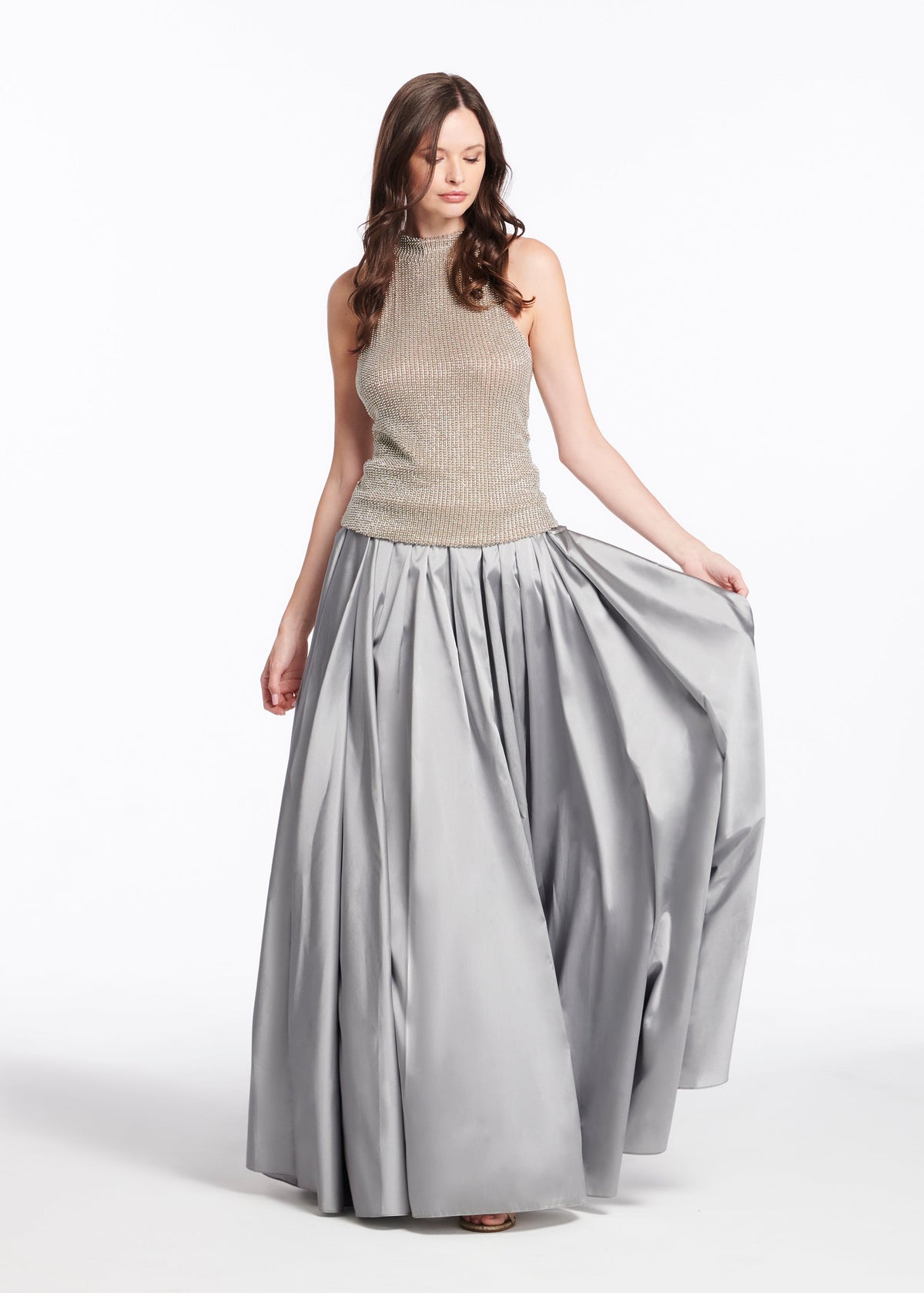Silver/Suntan Encrusted Pearl Sleeveless Mock Neck
