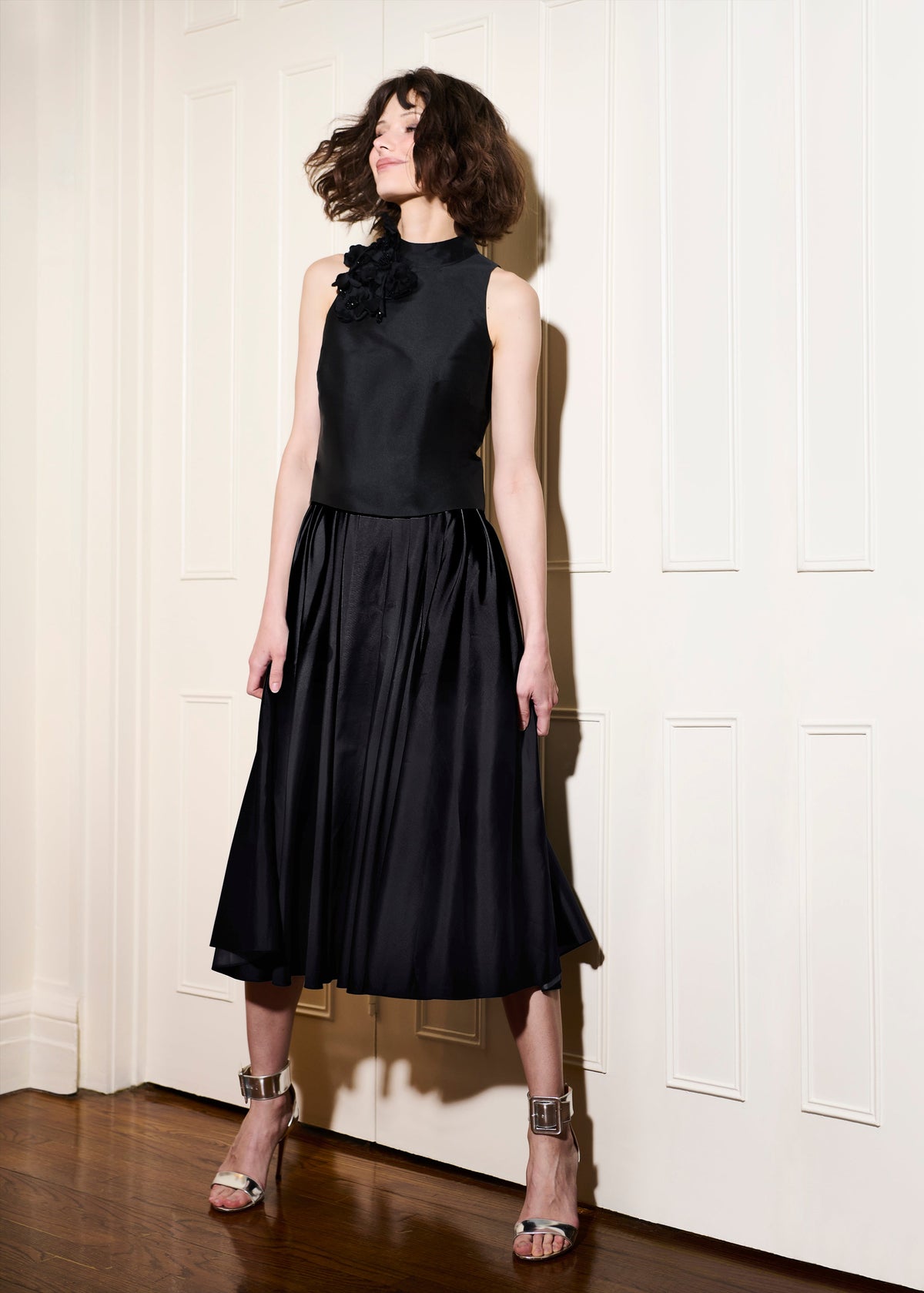 Tea Length Pleated Soft Taffeta Midi Skirt Black
