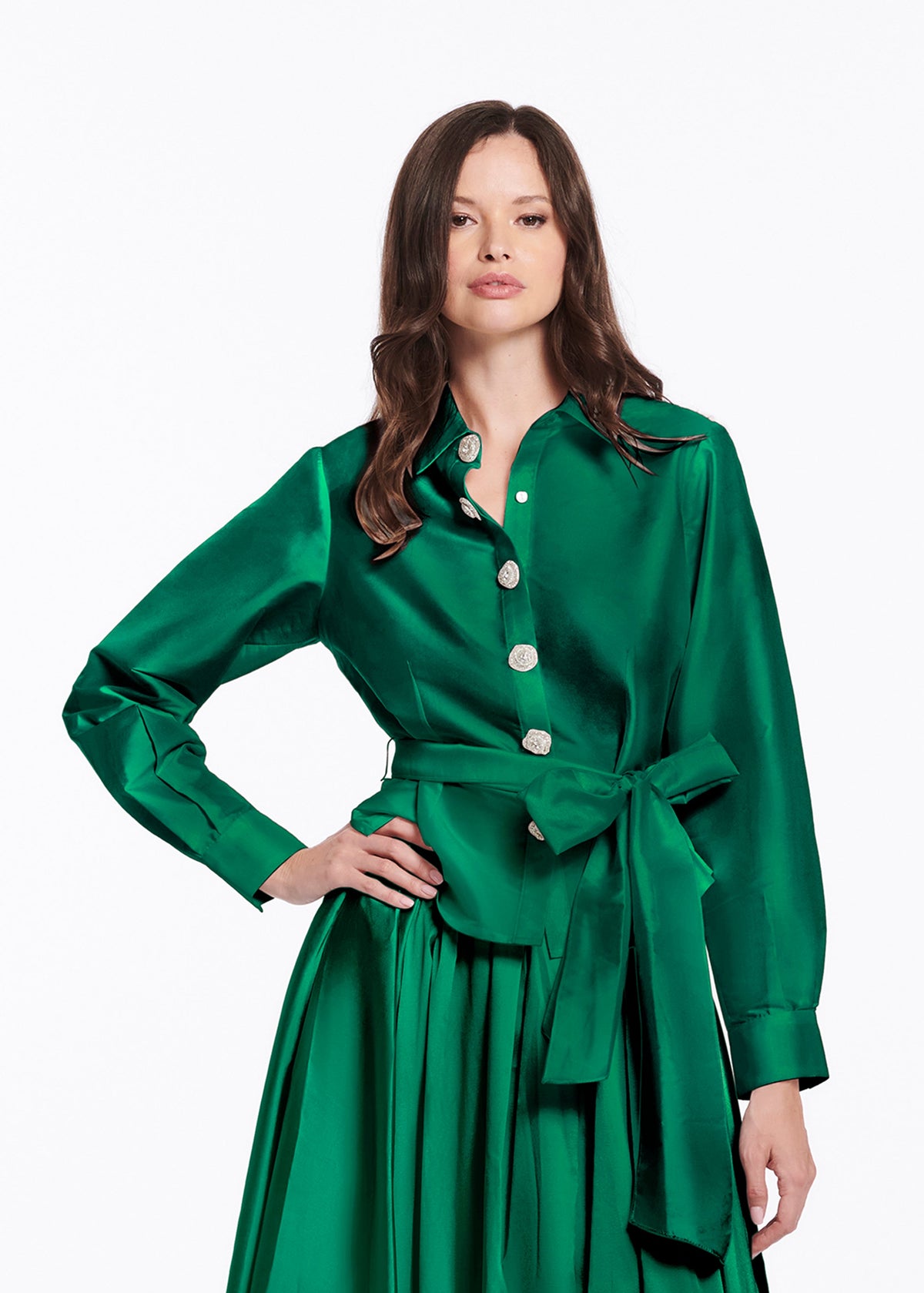 Chunky Crystal Flower Button Blouse Emerald