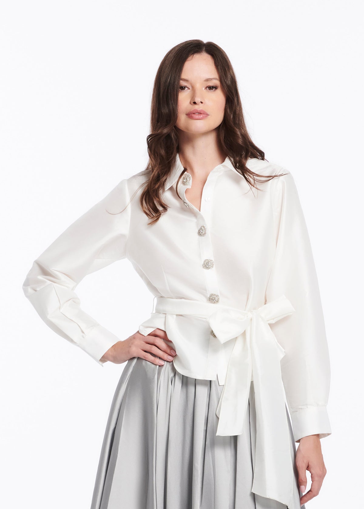Chunky Crystal Flower Button Blouse Ivory