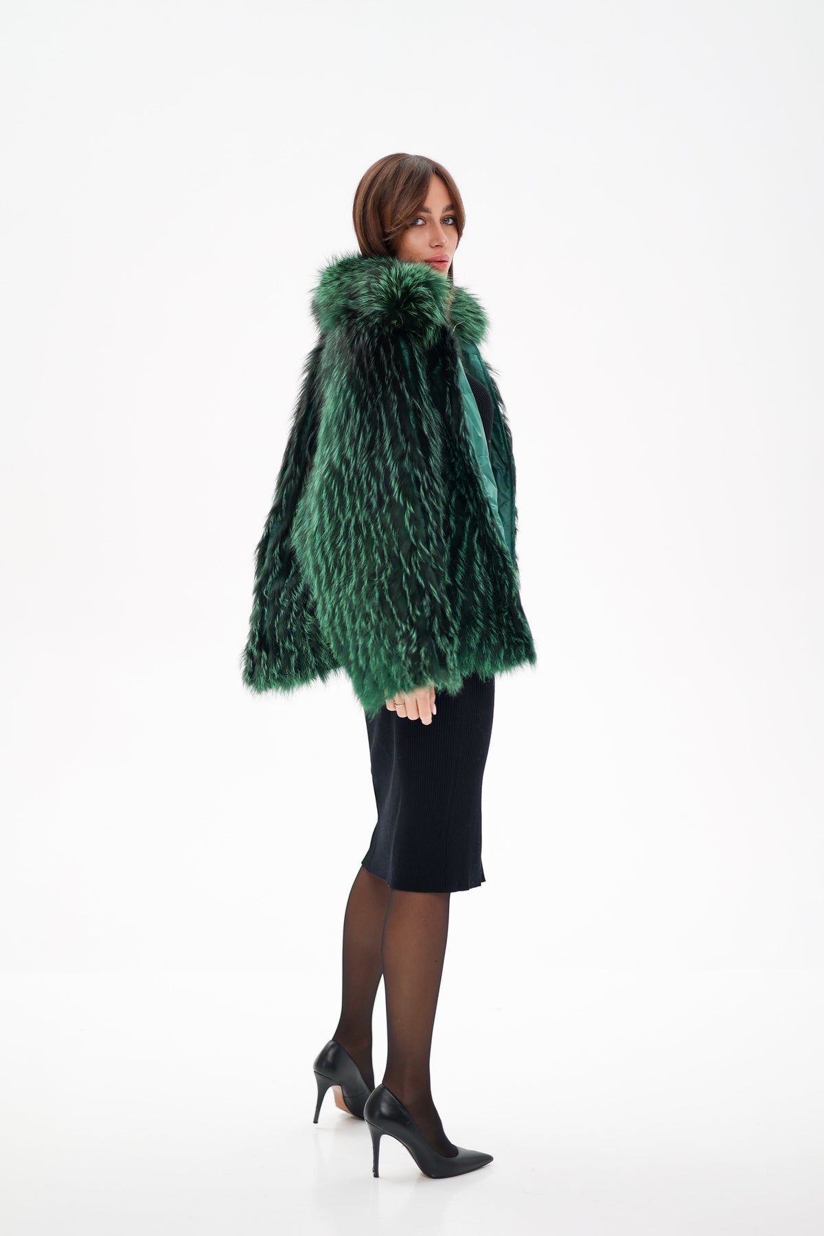 Reversible Genuine Silver Fox  Down Fill Coat in Emerald