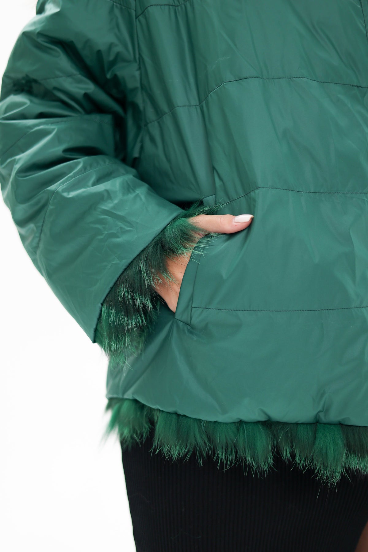 Reversible Genuine Silver Fox  Down Fill Coat in Emerald
