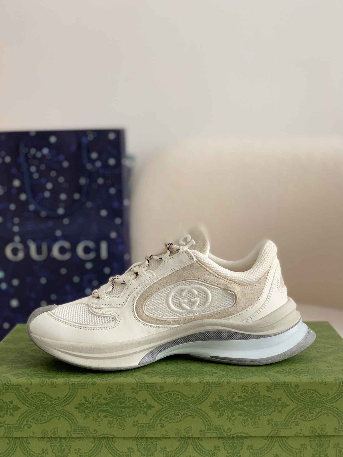 Gucci Men's Runner Sneaker – White & Grey Mesh Leath CUSTOM