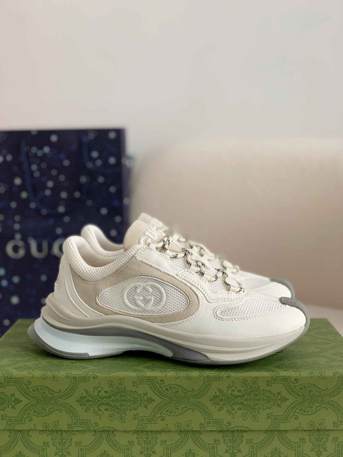 Gucci Men's Runner Sneaker – White & Grey Mesh Leath CUSTOM