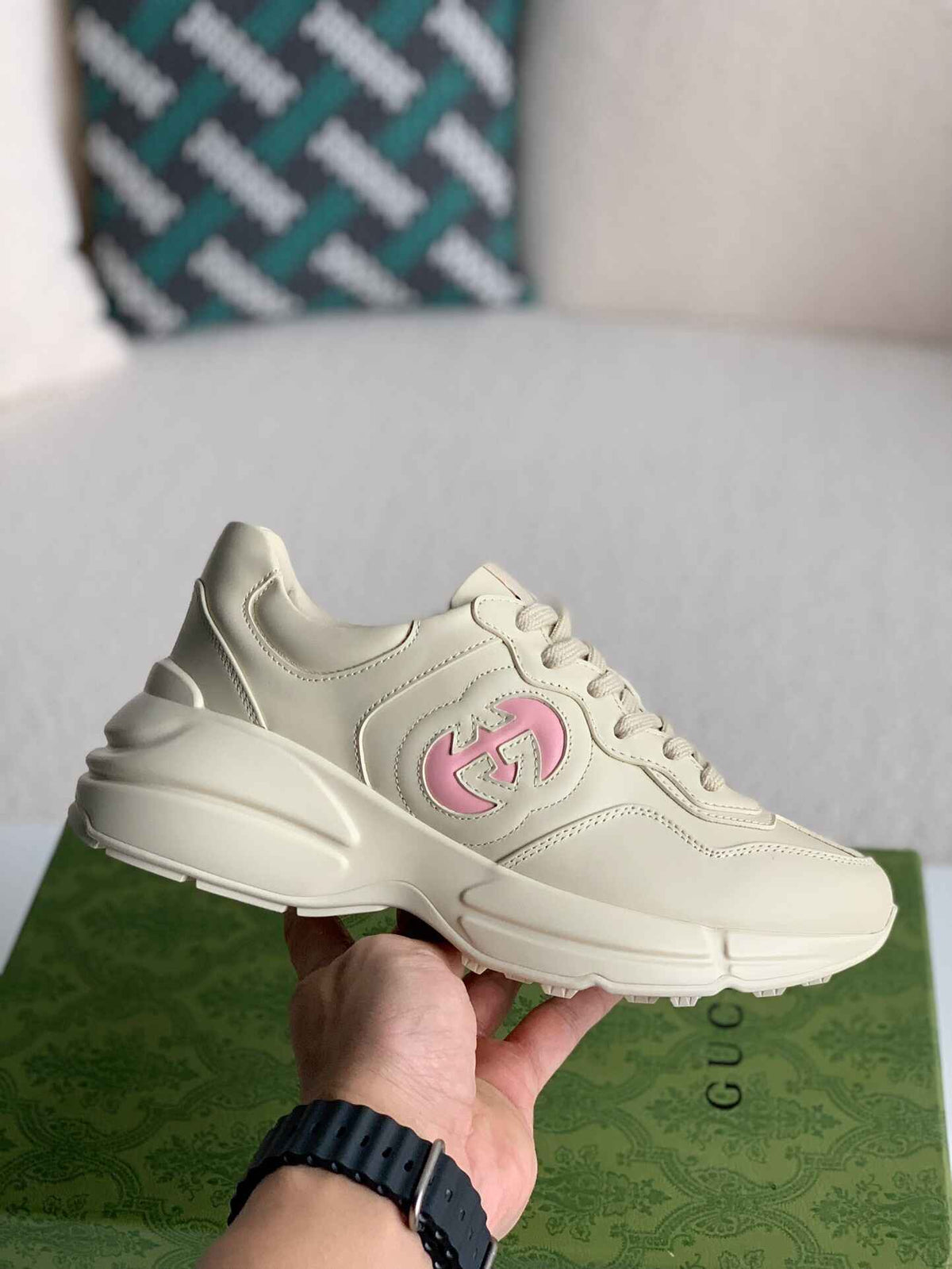 Gucci Rhyton Sneaker – Ivory Leather with Pink Interlocking G CUSTOM