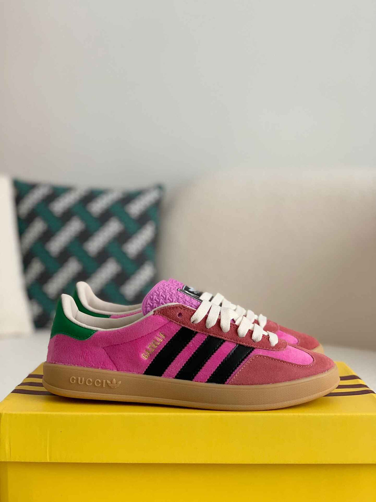 Adidas x Gucci Gazelle Sneaker in Pink Suede with Black Stripes and Green Heel Tab CUSTOM