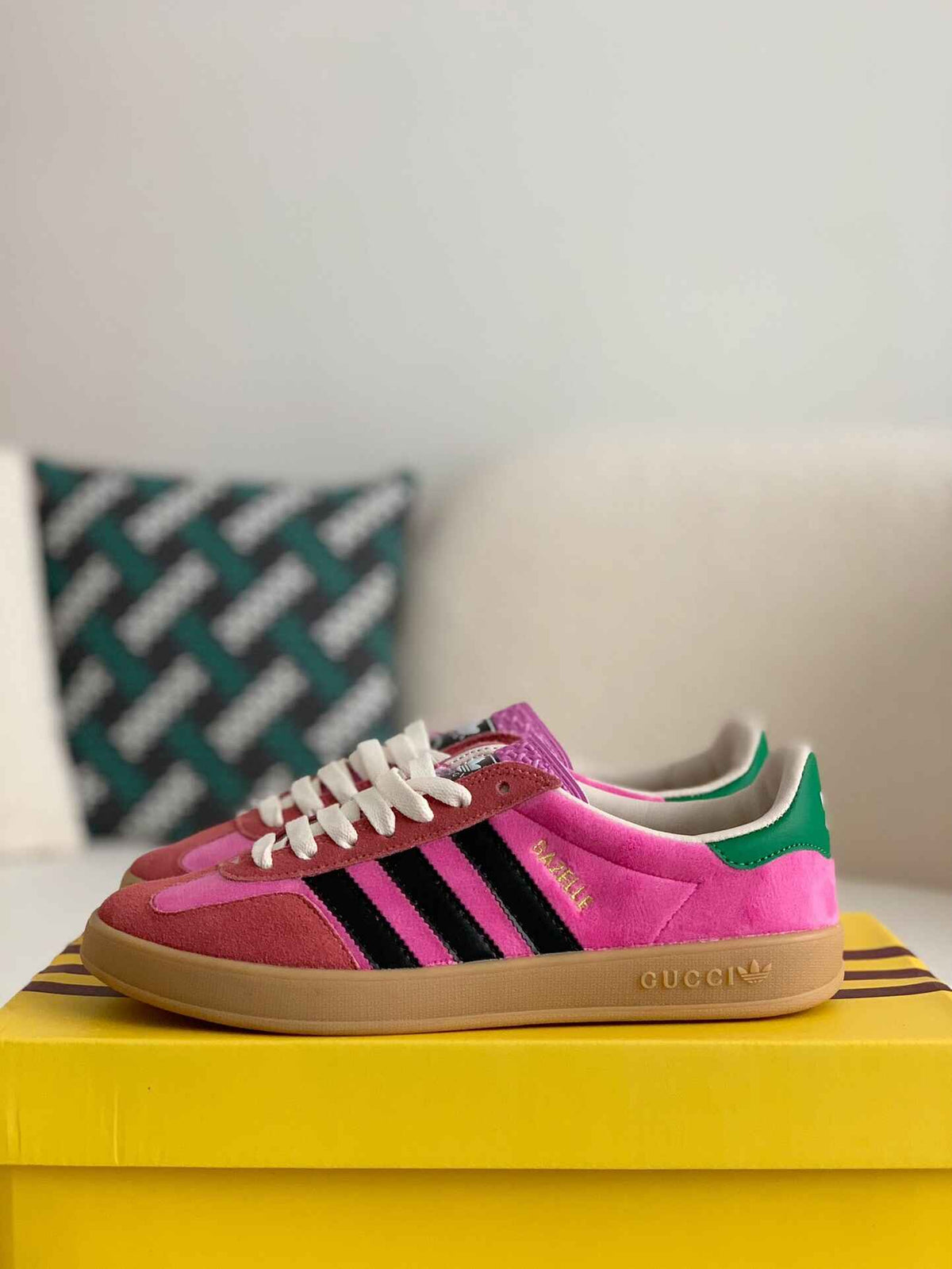 Adidas x Gucci Gazelle Sneaker in Pink Suede with Black Stripes and Green Heel Tab CUSTOM