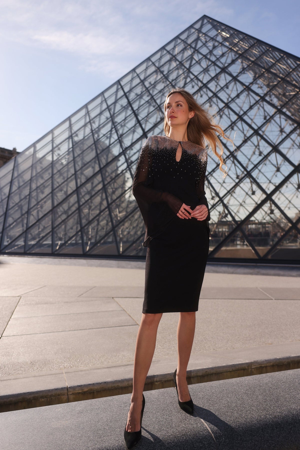 Stretch Crepe Dress With Chiffon Sleeves And Night Sky Beading