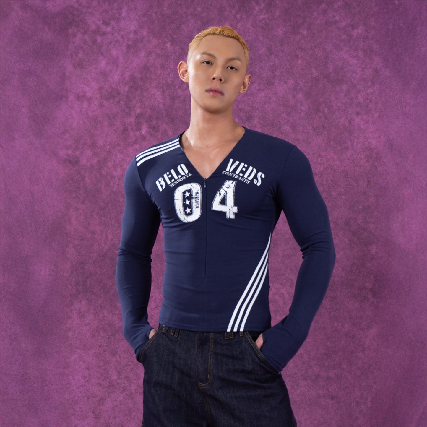 Navy Varsity Zip Up Top