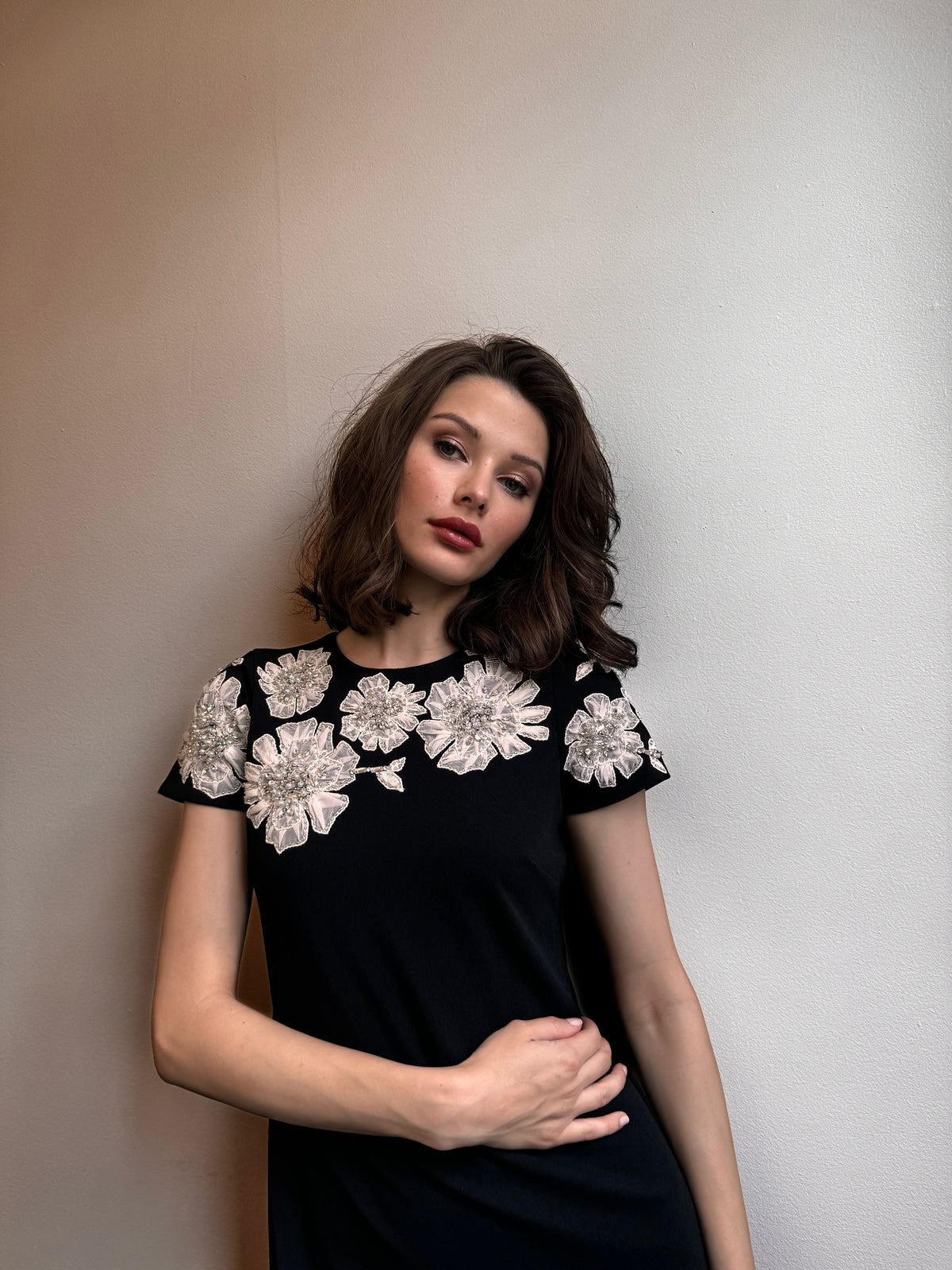 Crepe Floral Applique Mini A-Line Dress Black/Ivory