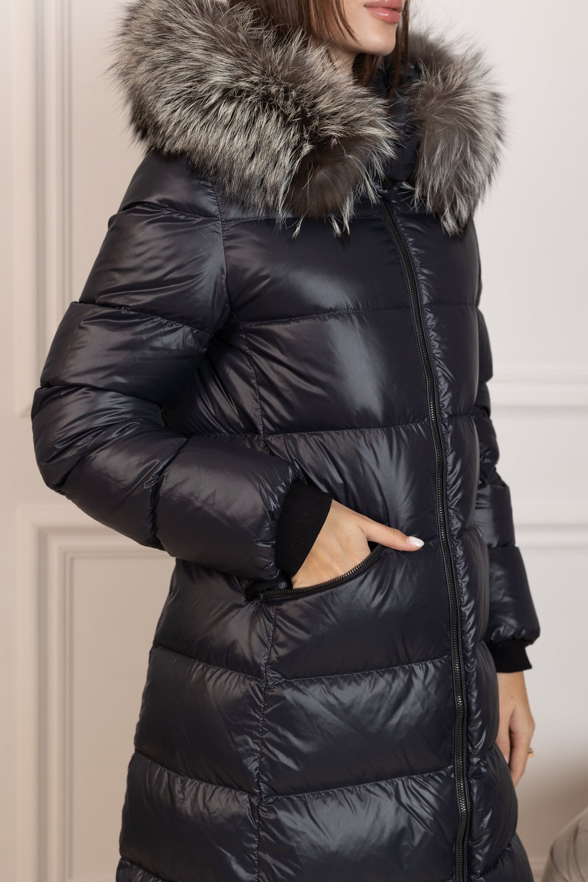 Genuine Silver Fox Fur Trim Down Fill Coat