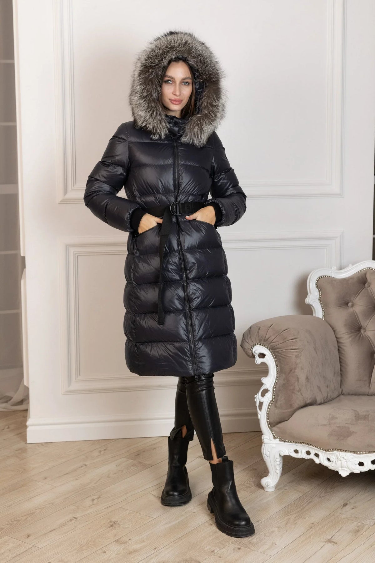 Genuine Silver Fox Fur Trim Down Fill Coat