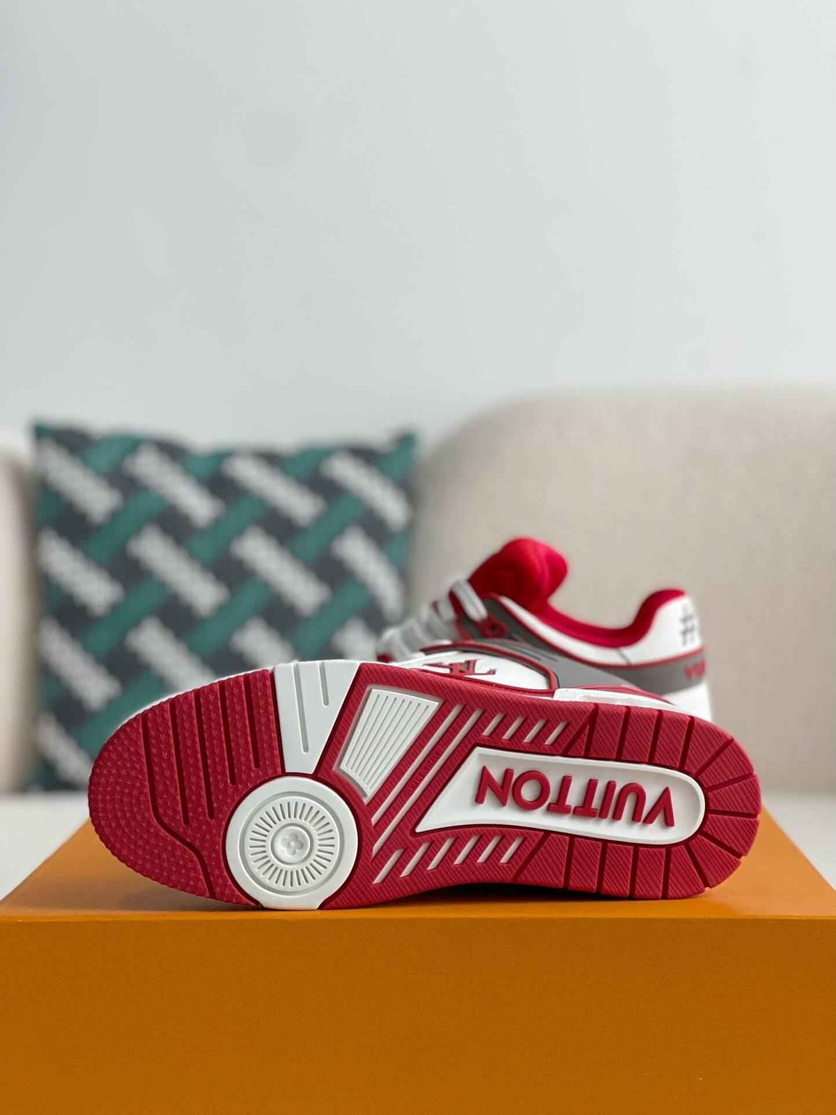 Monogram Trainer #54  White Red Gray Padded Sneaker