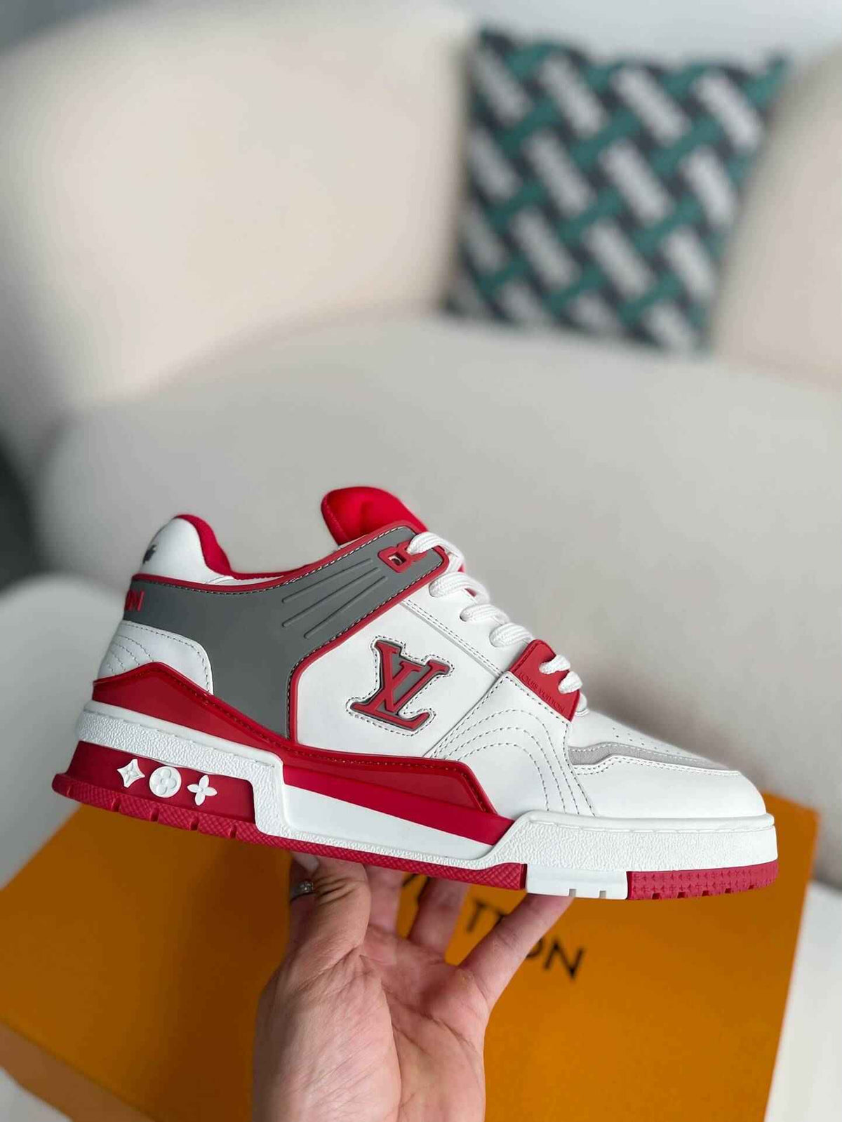 Monogram Trainer #54  White Red Gray Padded Sneaker