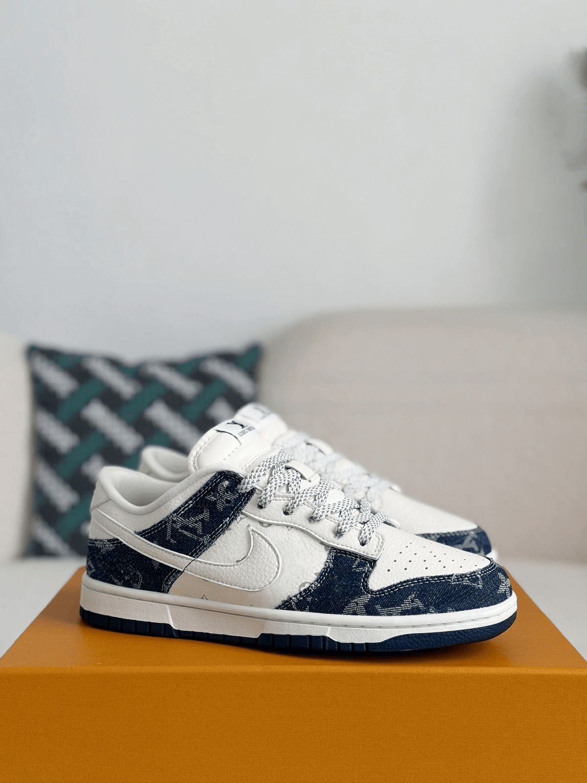 Louis Vuitton x Nike SB Dunk Low Blue Denim Monogram White CUSTOM