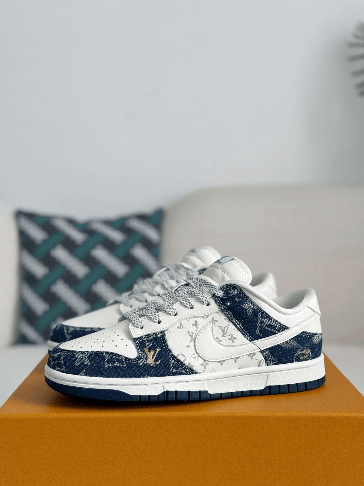 Louis Vuitton x Nike SB Dunk Low Blue Denim Monogram White CUSTOM