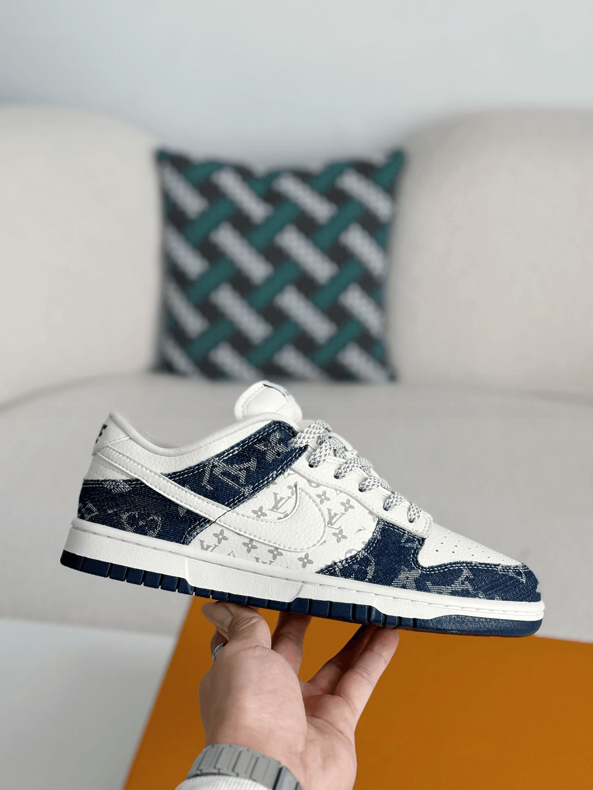 Louis Vuitton x Nike SB Dunk Low Blue Denim Monogram White CUSTOM