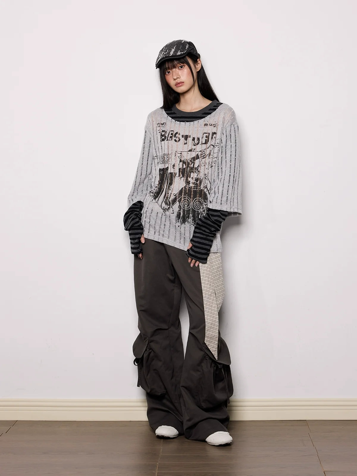 Wide-Leg Dark Cargo Pants with Striped Sash Belt