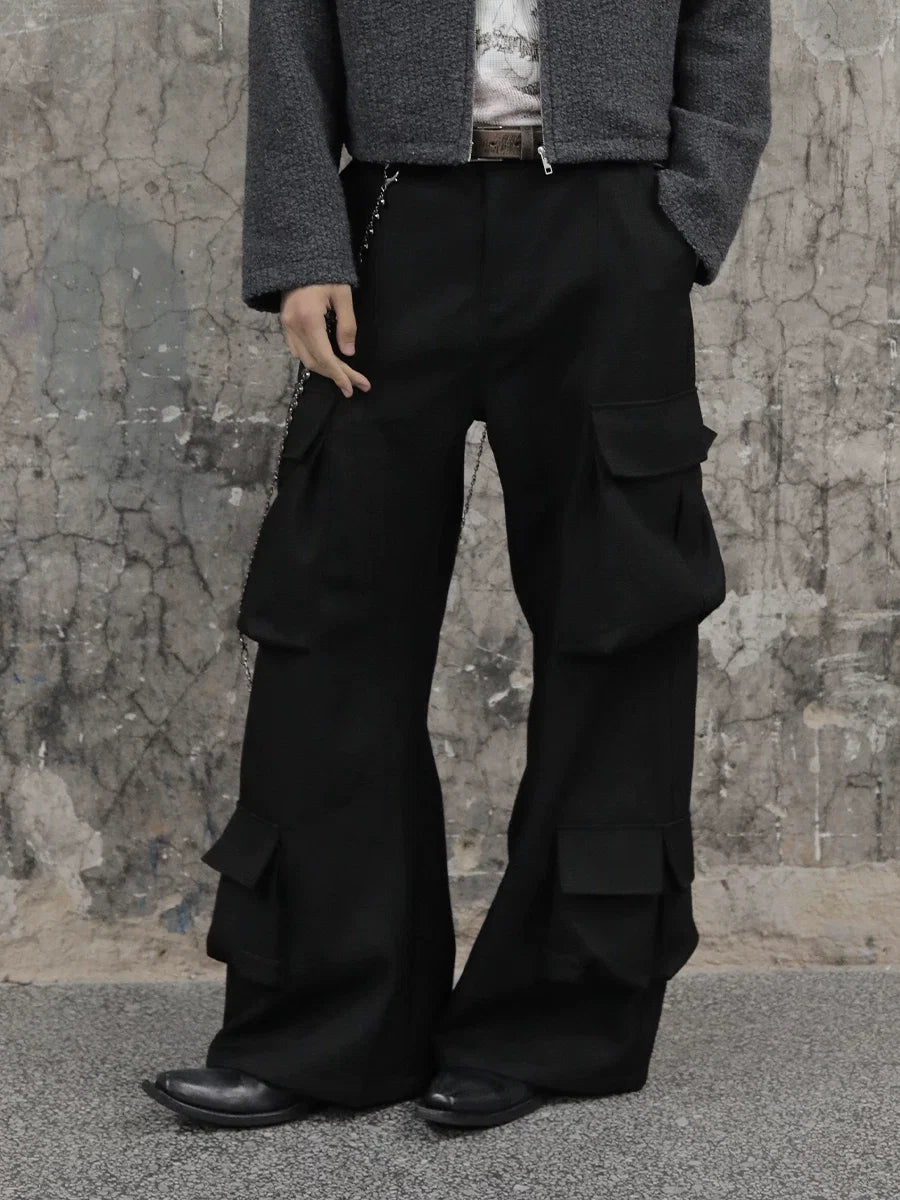 Black Wide-Leg Multi-Pocket Cargo Trousers