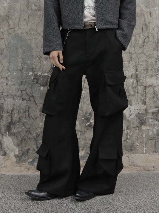 Black Wide-Leg Multi-Pocket Cargo Trousers