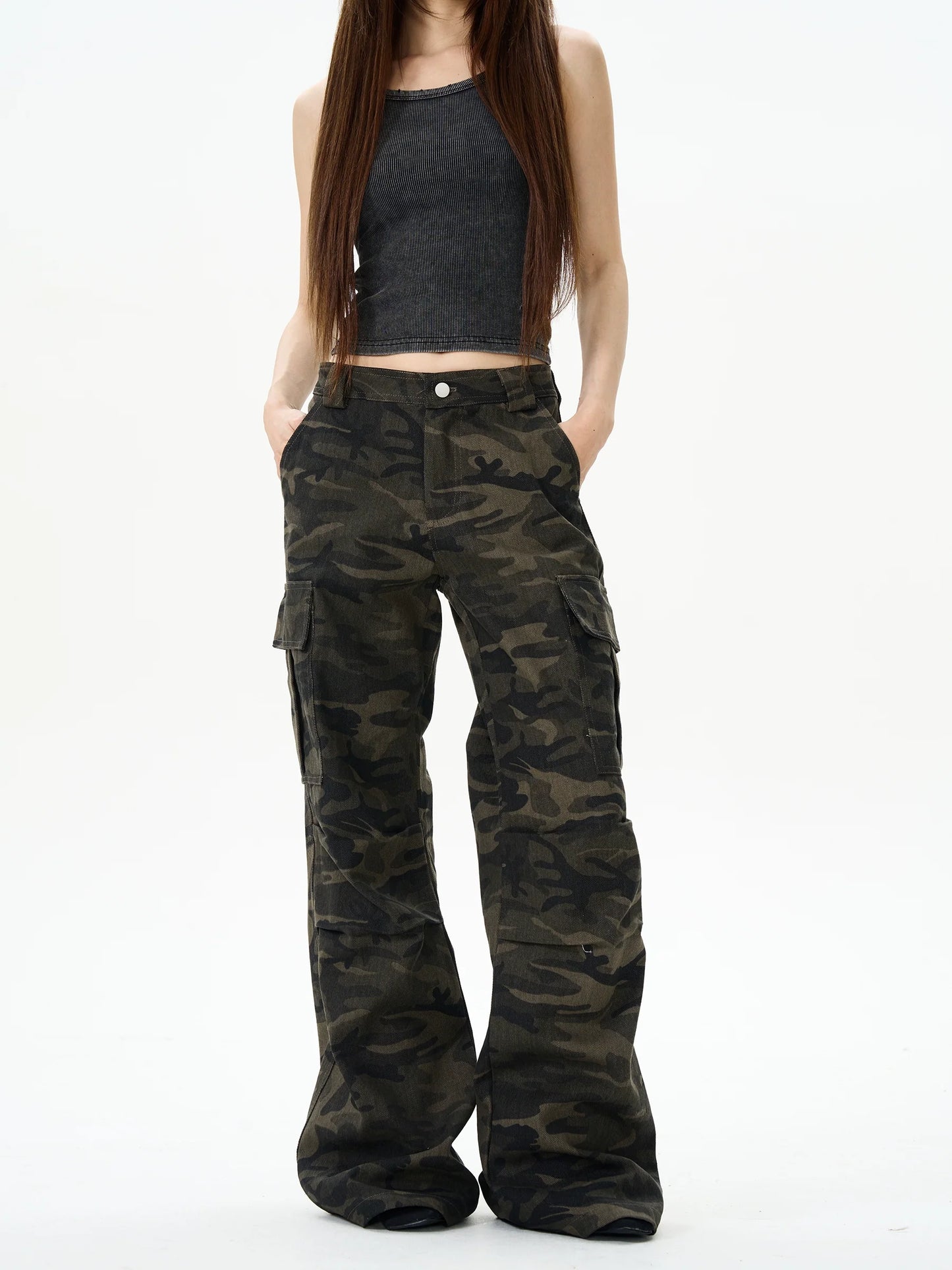Camo Print Wide-Leg Multi-Pocket Cargo Pants