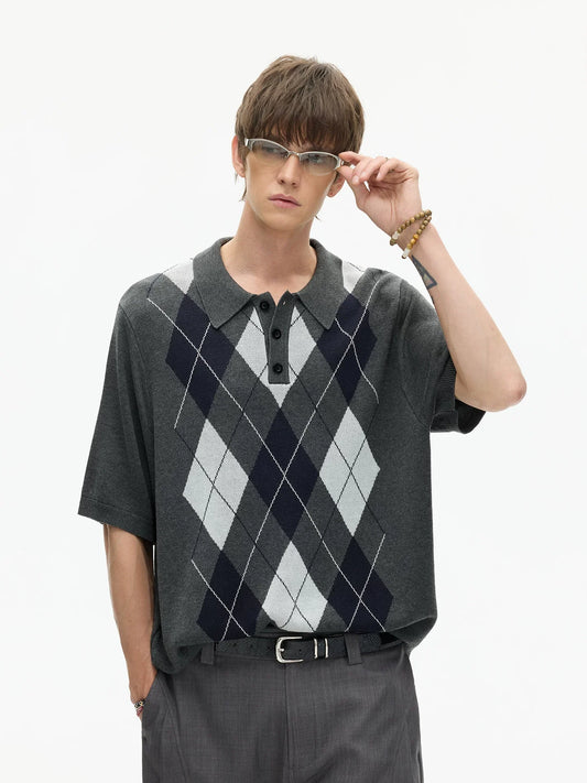 Midnight Argyle Knit Polo Tee