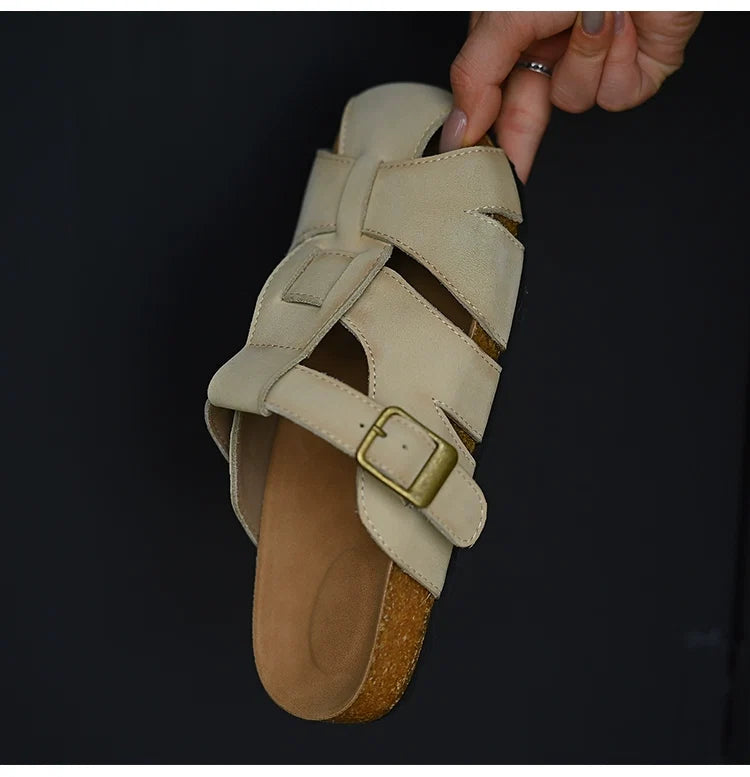 Beige Leather Buckle Strap Sandals