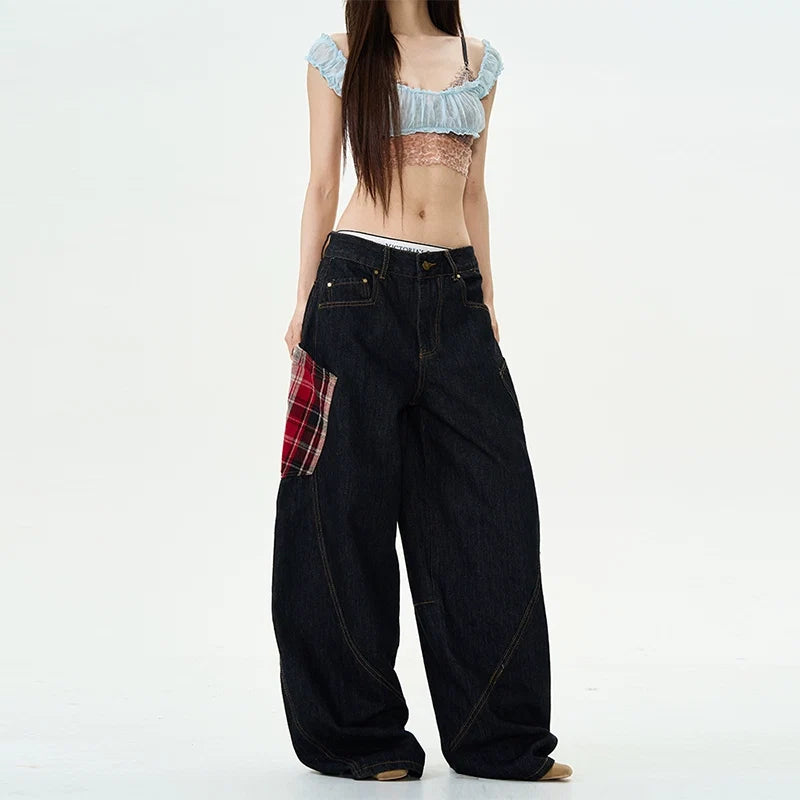 Plaid-Patch Wide-Leg Denim Cargo Pants