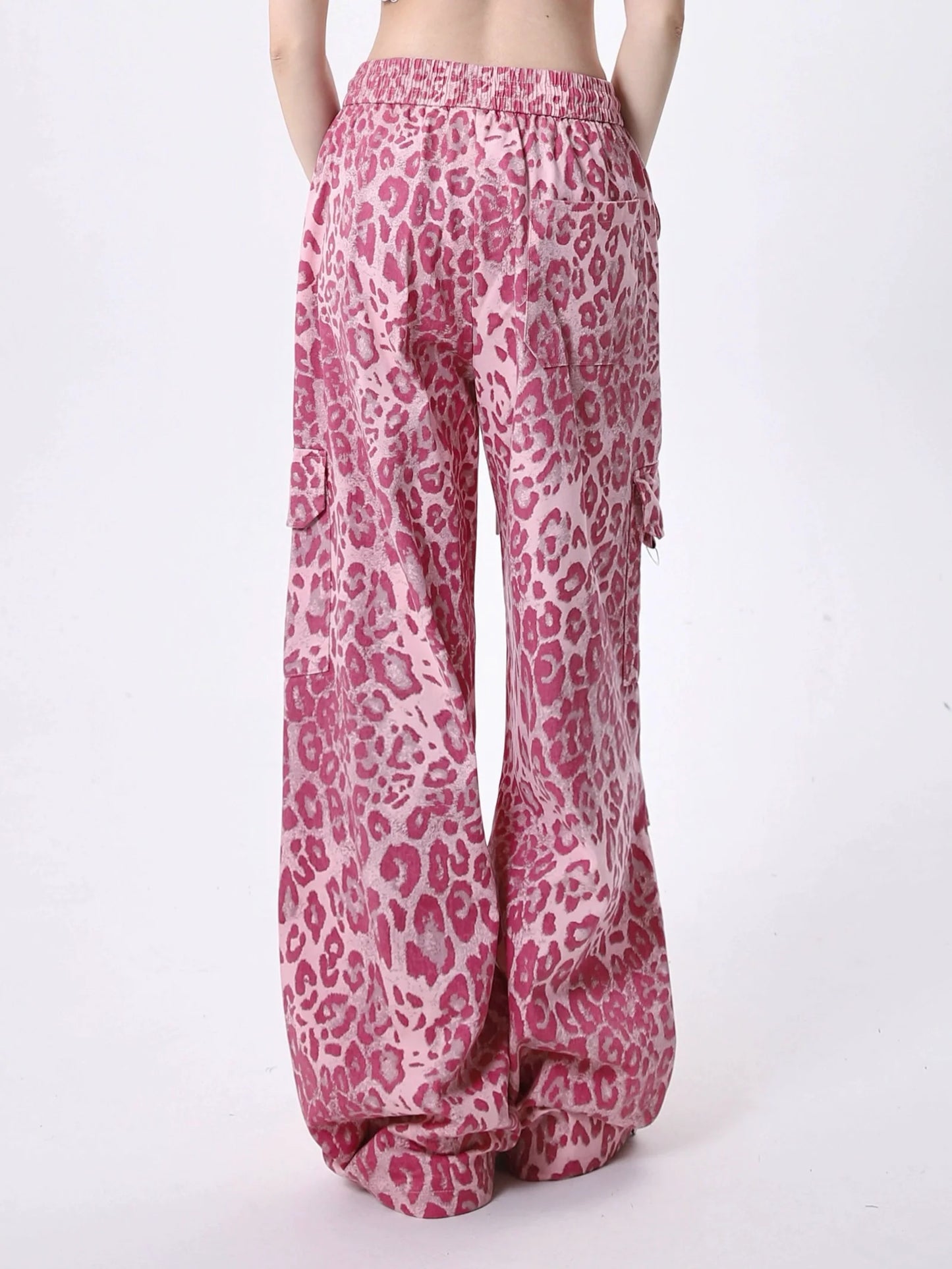 Pink Leopard Print Wide Leg Cargo Pants