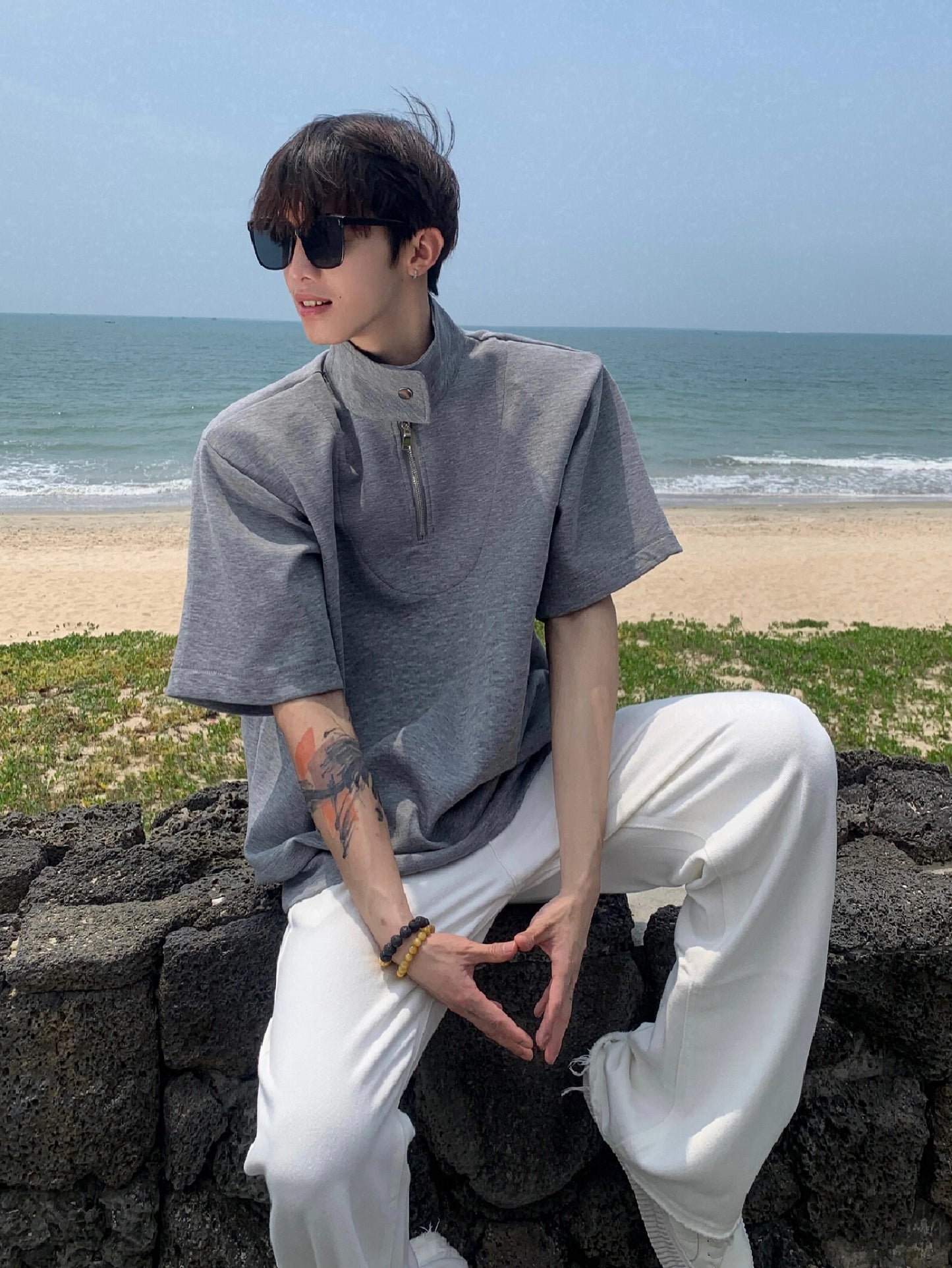 Half-Zip Stand Collar Shirt