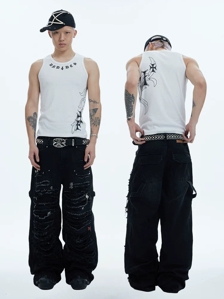 Distressed Rhinestone Wide Leg Cargo Jeans