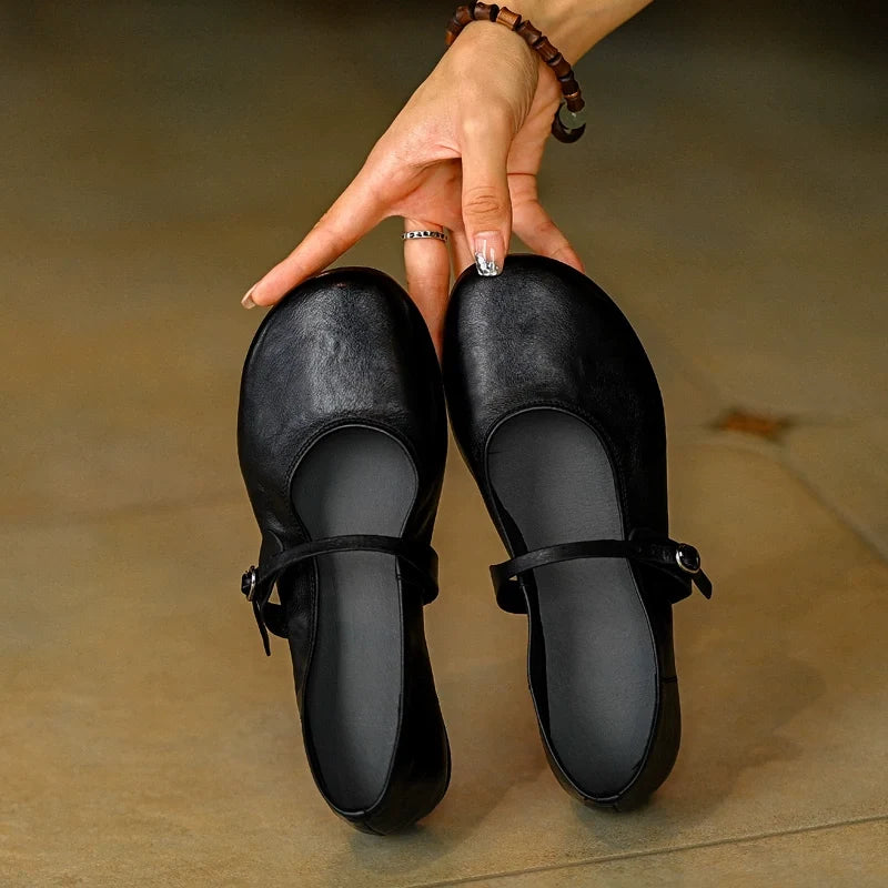 Black Leather Mary Jane Flats - Skipkicks