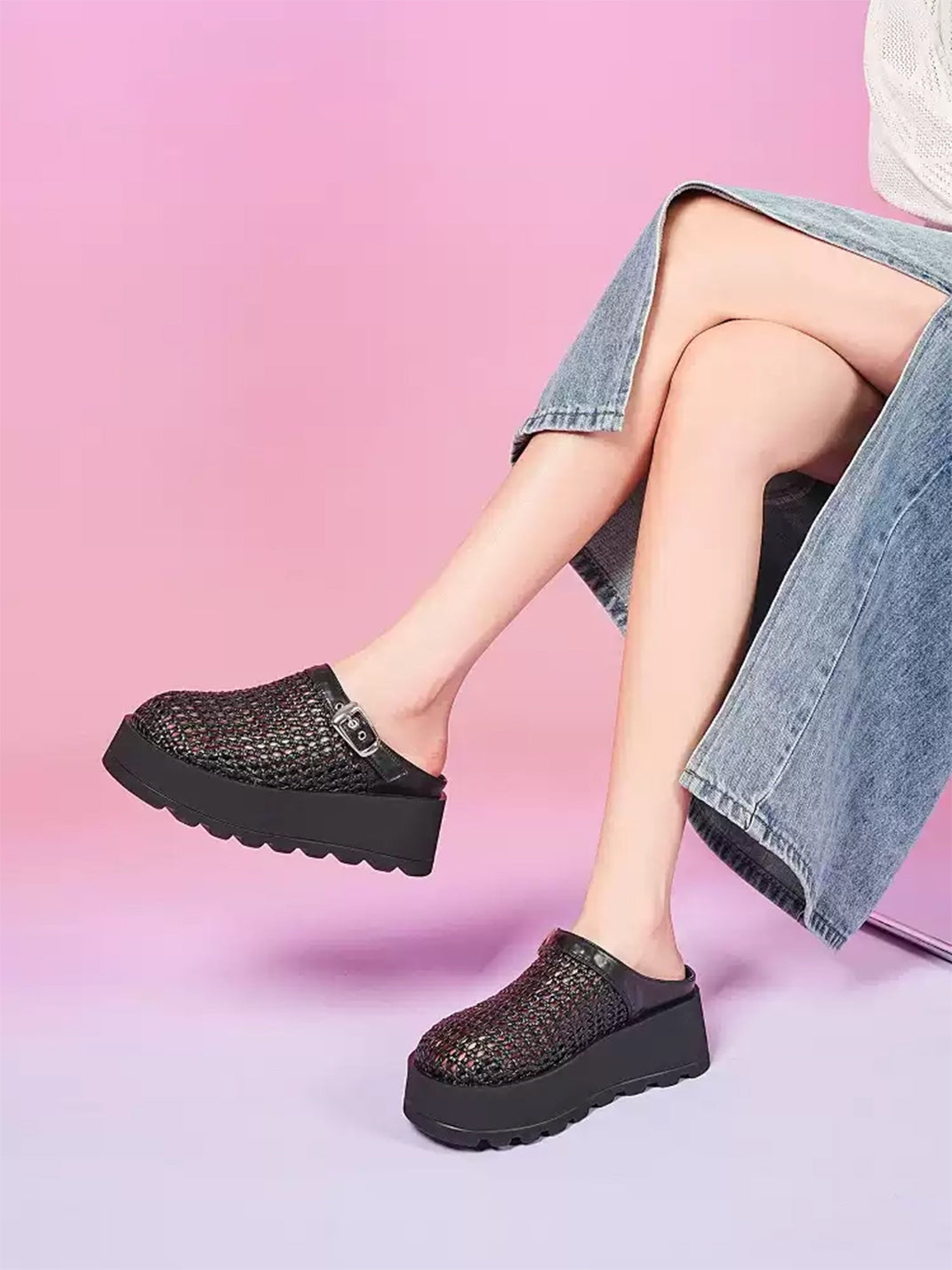 Woven Cut Out Platform Mules-Black - Skipkicks