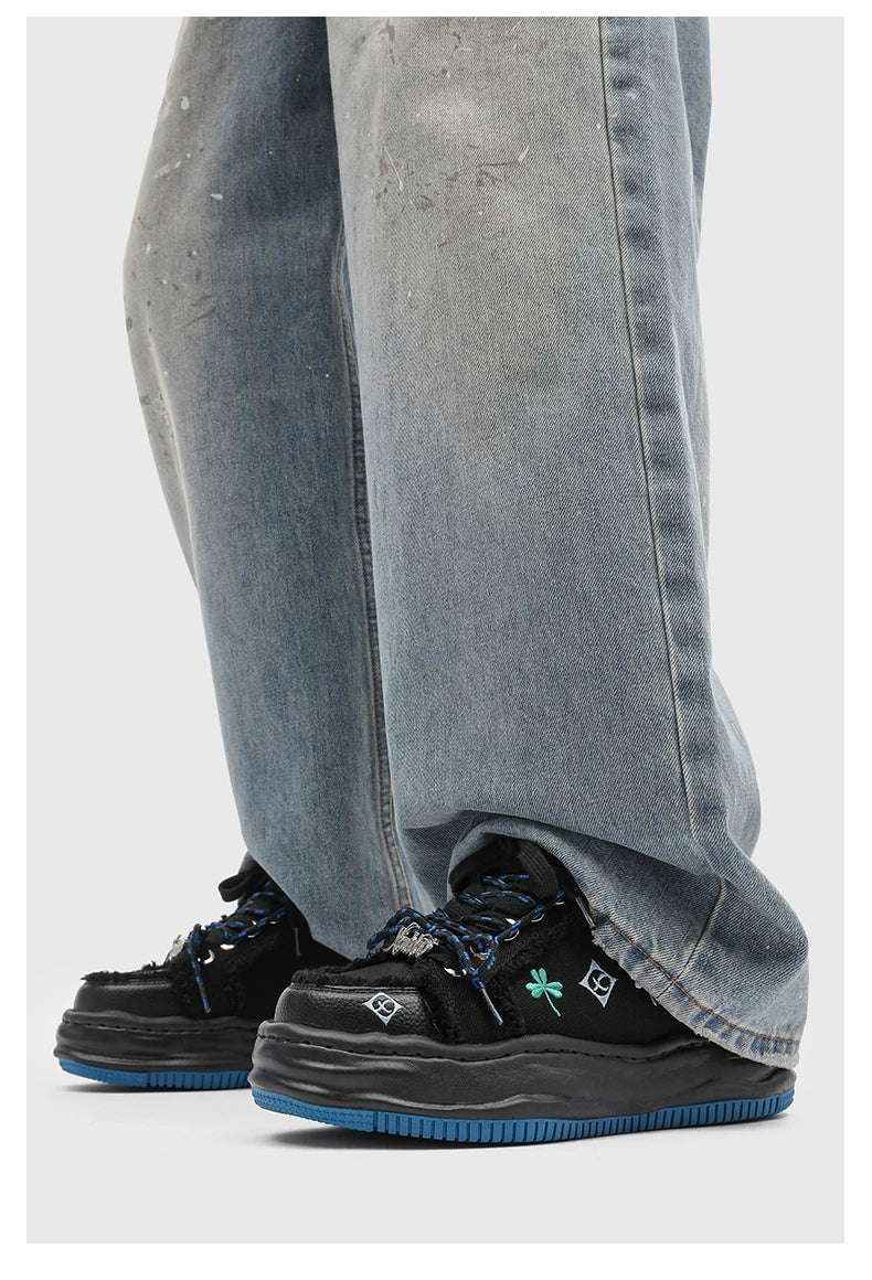 Distressed Embroidered Platform Sneakers - Skipkicks